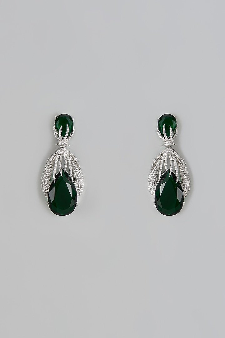 White Finish Emerald Stone & Zircon Dangler Earrings by Adityam Jewels at Pernia's Pop Up Shop