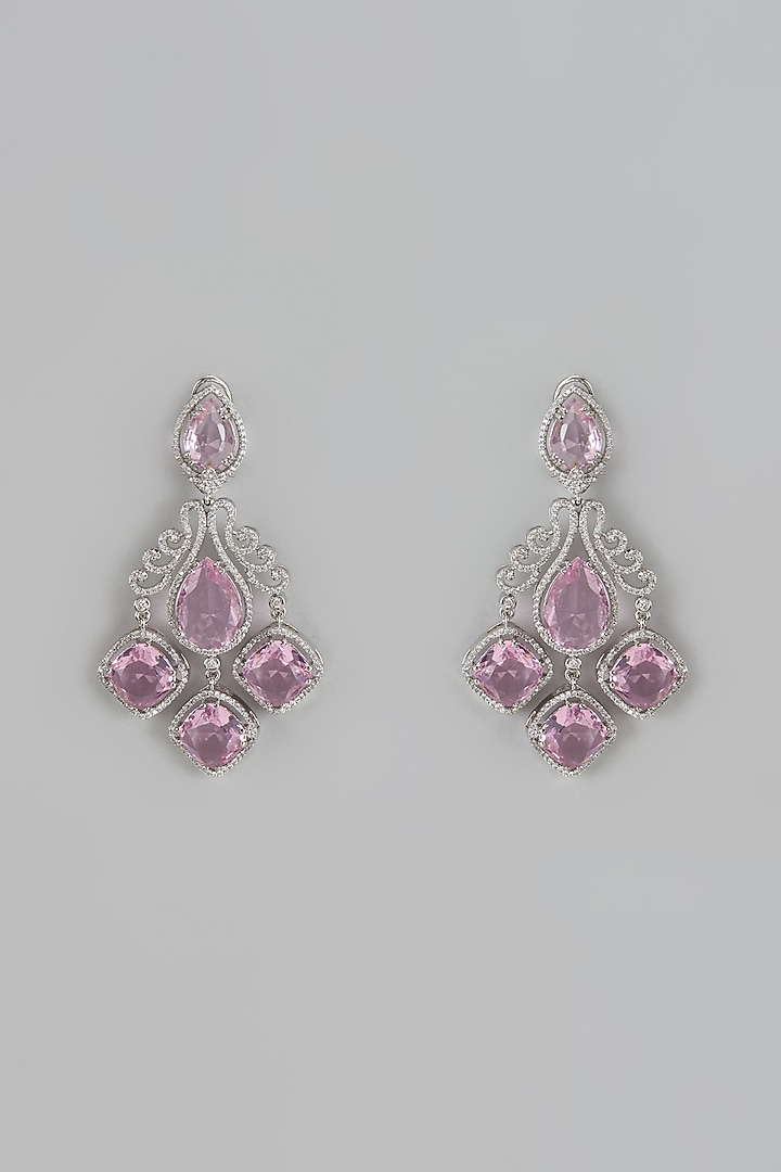 White Finish Pink Stone & Zircon Dangler Earrings by Adityam Jewels at Pernia's Pop Up Shop