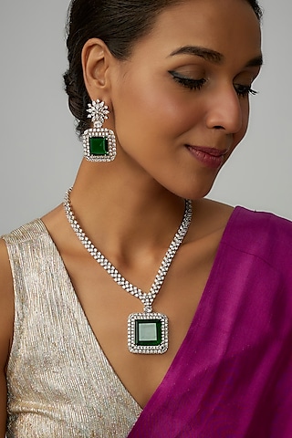 White Finish Green Stone & Zircon Long Necklace Set by Adityam Jewels