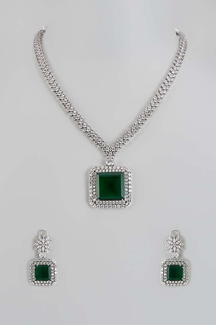 White Finish Green Stone & Zircon Long Necklace Set by Adityam Jewels at Pernia's Pop Up Shop