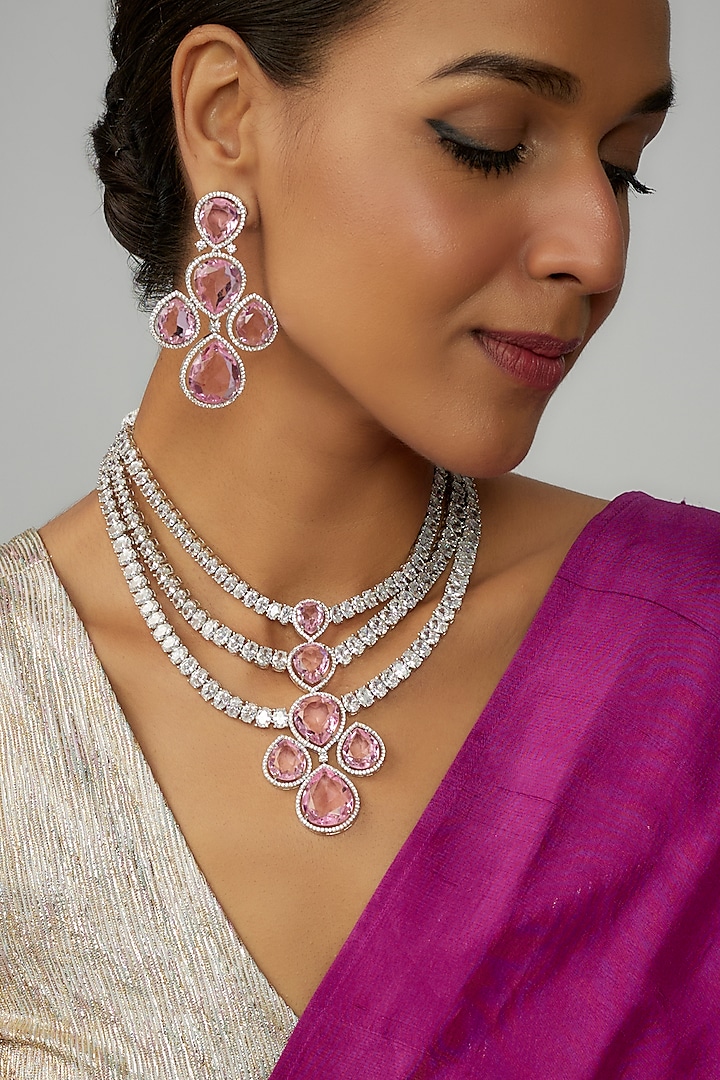 White Finish Pink Stone & Zircon Layered Necklace Set by Adityam Jewels at Pernia's Pop Up Shop