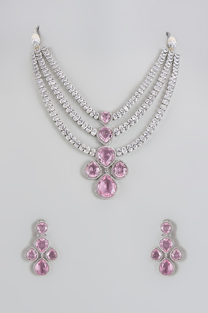 White Finish Pink Stone & Zircon Layered Necklace Set by Adityam Jewels at Pernia's Pop Up Shop