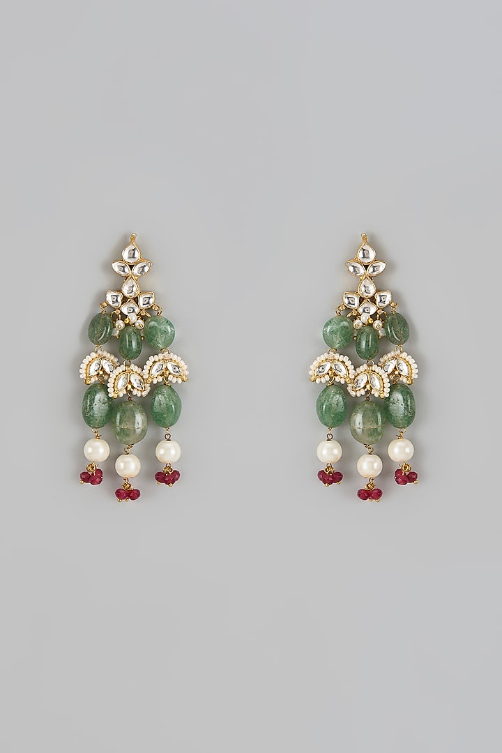 Gold Finish Kundan Polki & Green Drop Dangler Earrings by Adityam Jewels at Pernia's Pop Up Shop