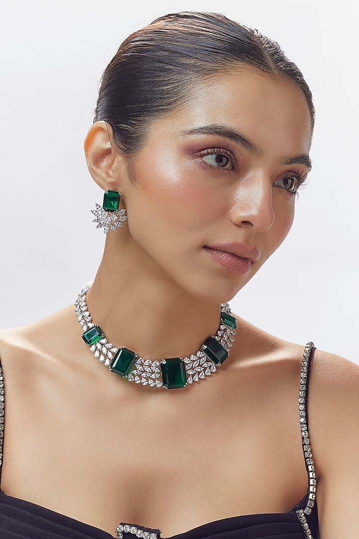 White Finish Green Stone & Zircon Necklace Set by Adityam Jewels