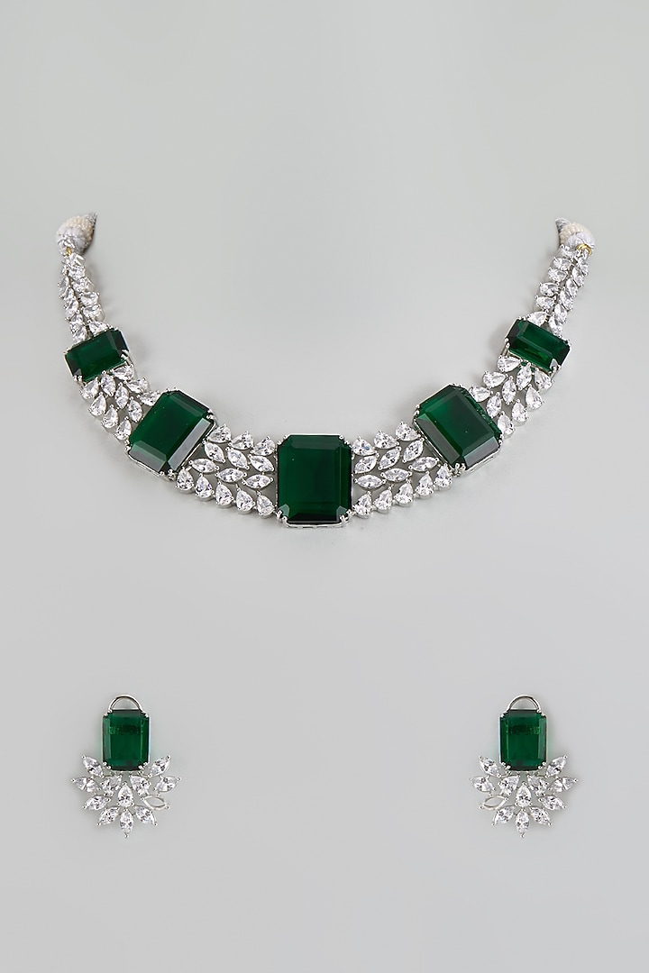 White Finish Green Stone & Zircon Necklace Set by Adityam Jewels at Pernia's Pop Up Shop