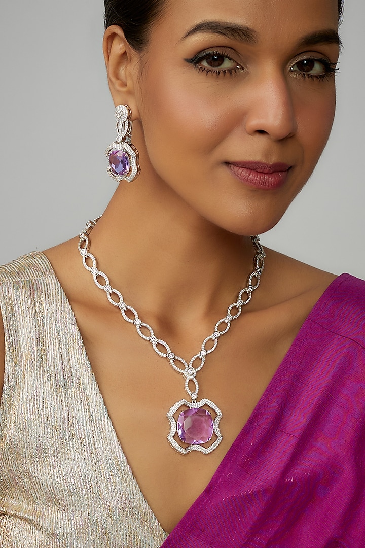 White Finish Purple Stone & Zircon Long Necklace Set by Adityam Jewels at Pernia's Pop Up Shop