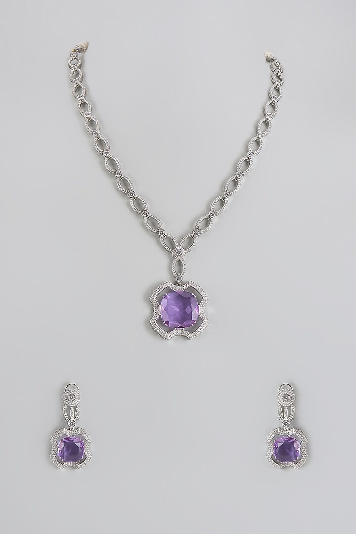 White Finish Purple Stone & Zircon Long Necklace Set by Adityam Jewels at Pernia's Pop Up Shop