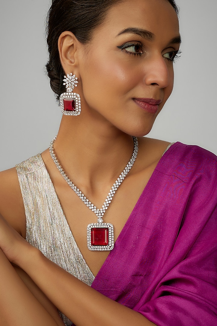 White Finish Red Stone & Zircon Long Necklace Set by Adityam Jewels at Pernia's Pop Up Shop