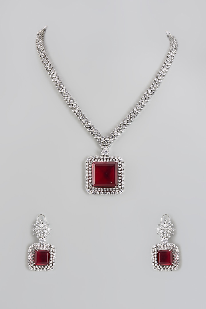 White Finish Red Stone & Zircon Long Necklace Set by Adityam Jewels at Pernia's Pop Up Shop