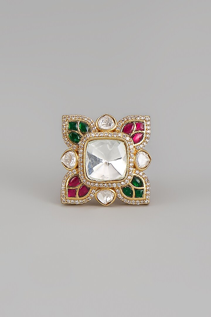 Gold Finish Kundan Polki & Multi-Colored Stone Ring by Adityam Jewels at Pernia's Pop Up Shop