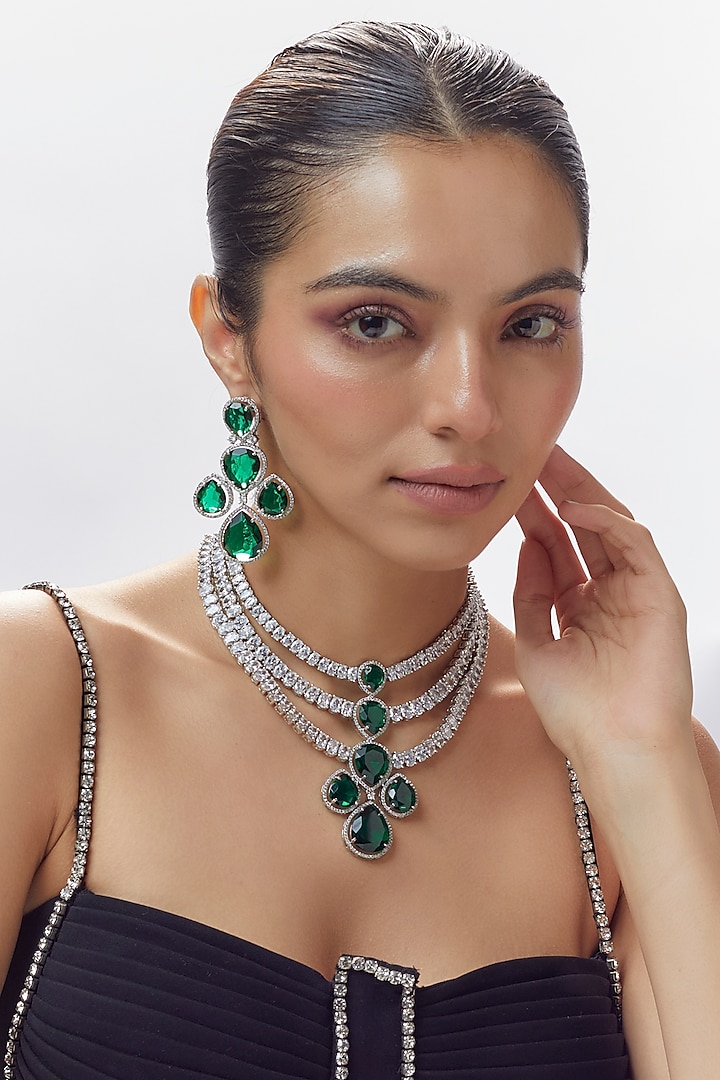 White Finish Green Stone & Zircon Layered Necklace Set by Adityam Jewels at Pernia's Pop Up Shop