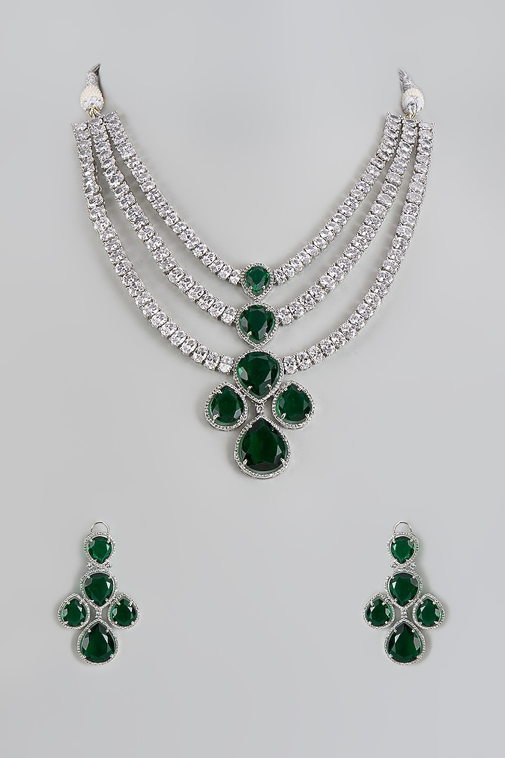 White Finish Green Stone & Zircon Layered Necklace Set by Adityam Jewels at Pernia's Pop Up Shop