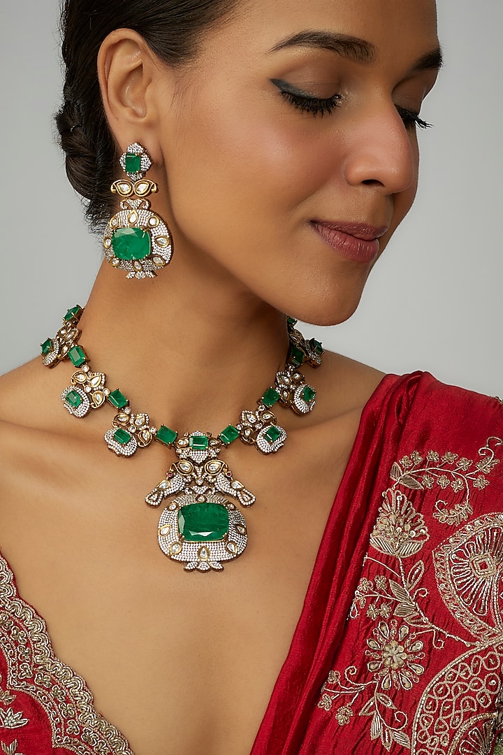 Two Tone Finish Kundan Polki Long Necklace Set by Adityam Jewels at Pernia's Pop Up Shop