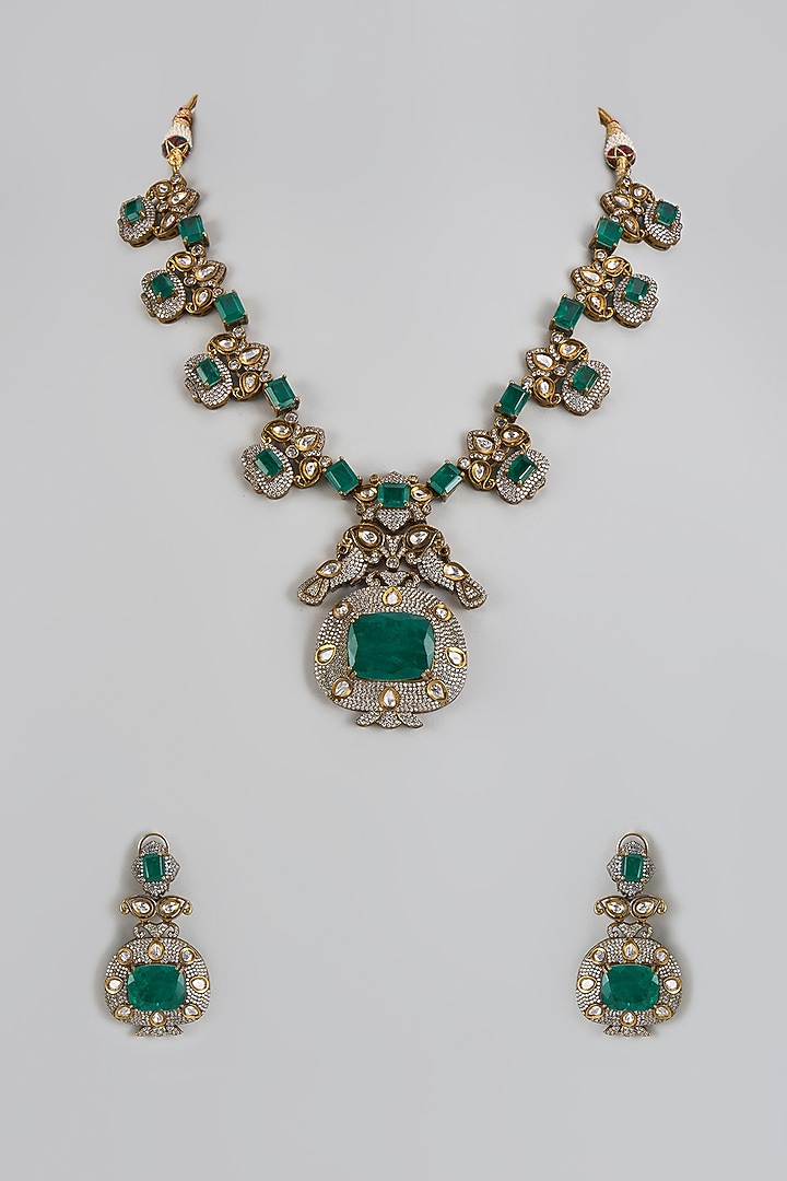 Two Tone Finish Kundan Polki Long Necklace Set by Adityam Jewels at Pernia's Pop Up Shop