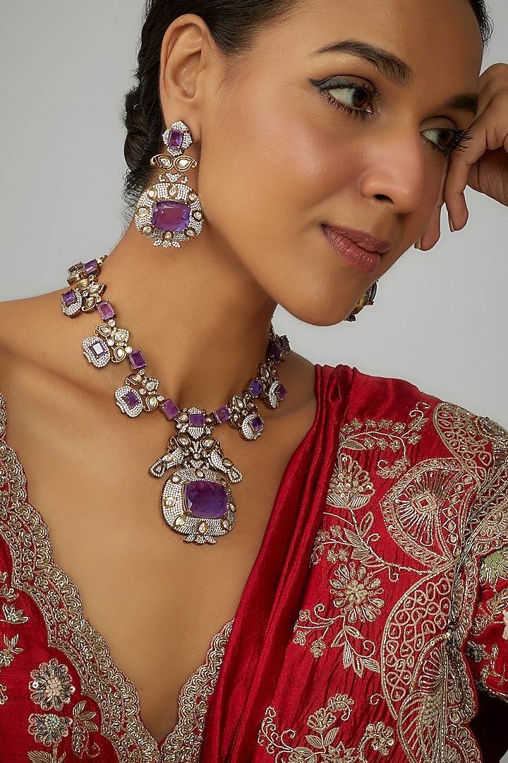 Two Tone Finish Kundan Polki Long Necklace Set by Adityam Jewels at Pernia's Pop Up Shop