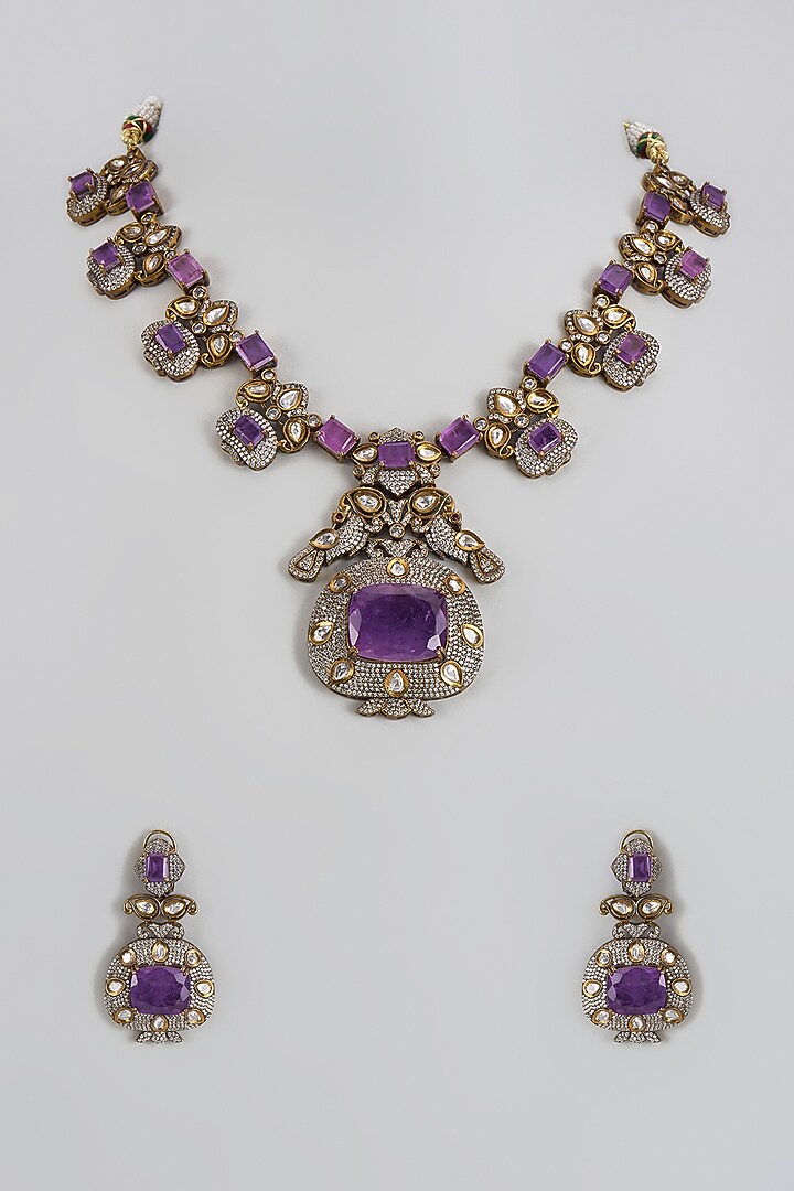 Two Tone Finish Kundan Polki Long Necklace Set by Adityam Jewels at Pernia's Pop Up Shop