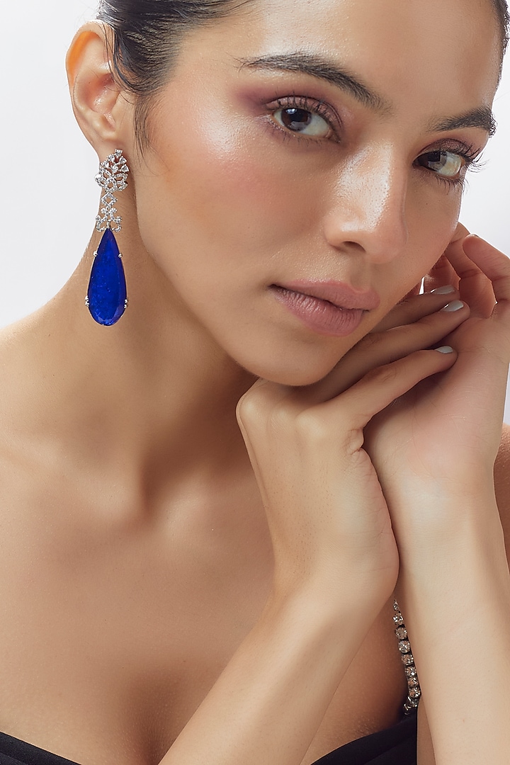 White Finish Blue Stone & Zircon Dangler Earrings by Adityam Jewels at Pernia's Pop Up Shop