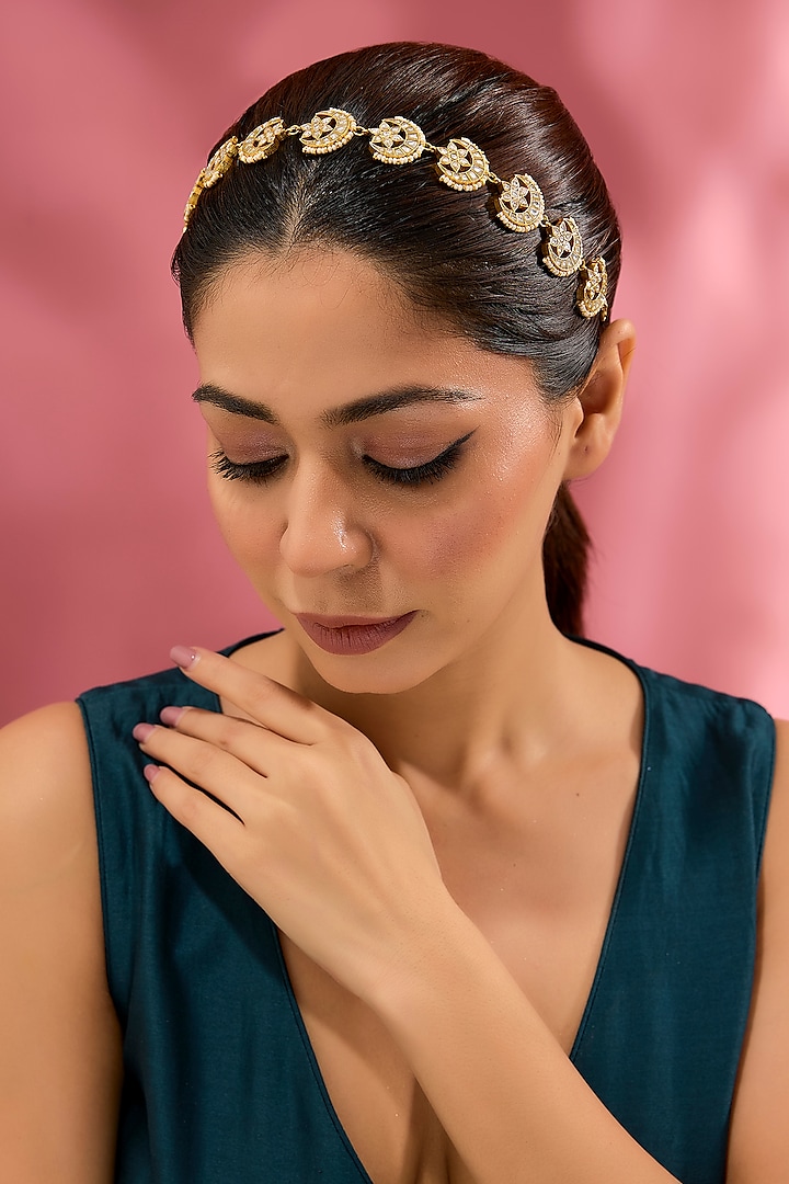 Gold Finish Kundan Polki & Pearl Sheeshphool by Adityam Jewels at Pernia's Pop Up Shop