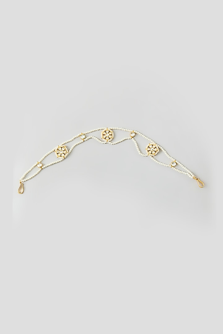 Gold Finish Kundan Polki & Pearl Sheeshphool by Adityam Jewels at Pernia's Pop Up Shop