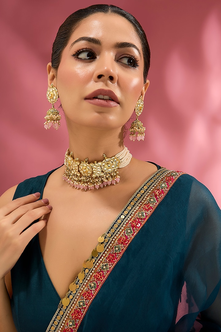 Gold Finish Kundan Polki Choker Necklace Set by Adityam Jewels at Pernia's Pop Up Shop