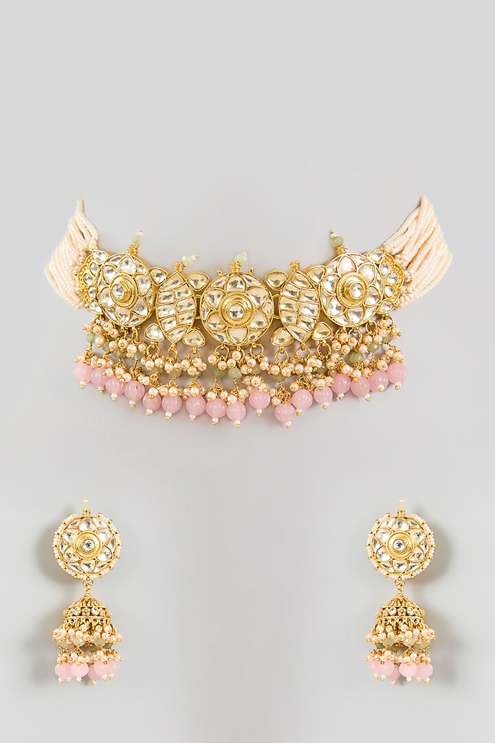 Gold Finish Kundan Polki Choker Necklace Set by Adityam Jewels at Pernia's Pop Up Shop