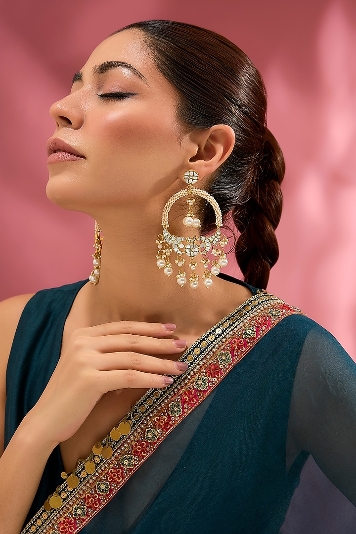 Gold Finish Mother Of Pearl Chandbali Earrings by Adityam Jewels at Pernia's Pop Up Shop