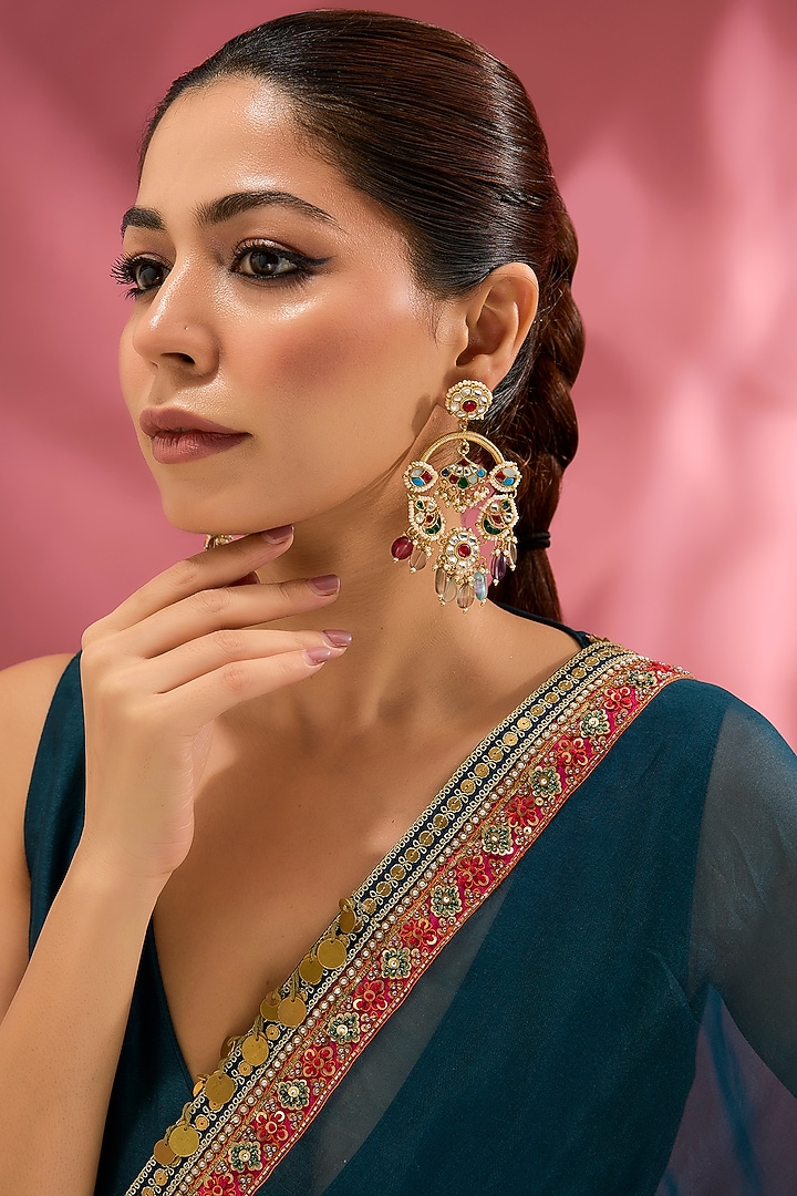 Gold Finish Kundan Polki & Pearl Chandbali Earrings by Adityam Jewels at Pernia's Pop Up Shop