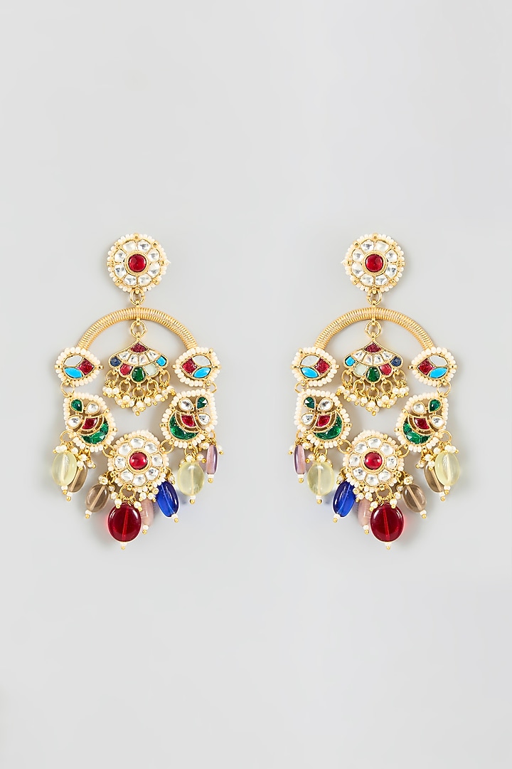 Gold Finish Kundan Polki & Pearl Chandbali Earrings by Adityam Jewels at Pernia's Pop Up Shop