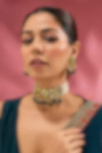 Gold Finish Green Kundan Polki Choker Necklace Set by Adityam Jewels at Pernia's Pop Up Shop