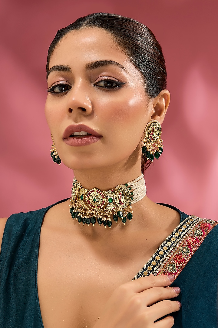 Gold Finish Green Kundan Polki Choker Necklace Set by Adityam Jewels at Pernia's Pop Up Shop