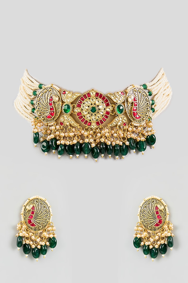 Gold Finish Green Kundan Polki Choker Necklace Set by Adityam Jewels at Pernia's Pop Up Shop