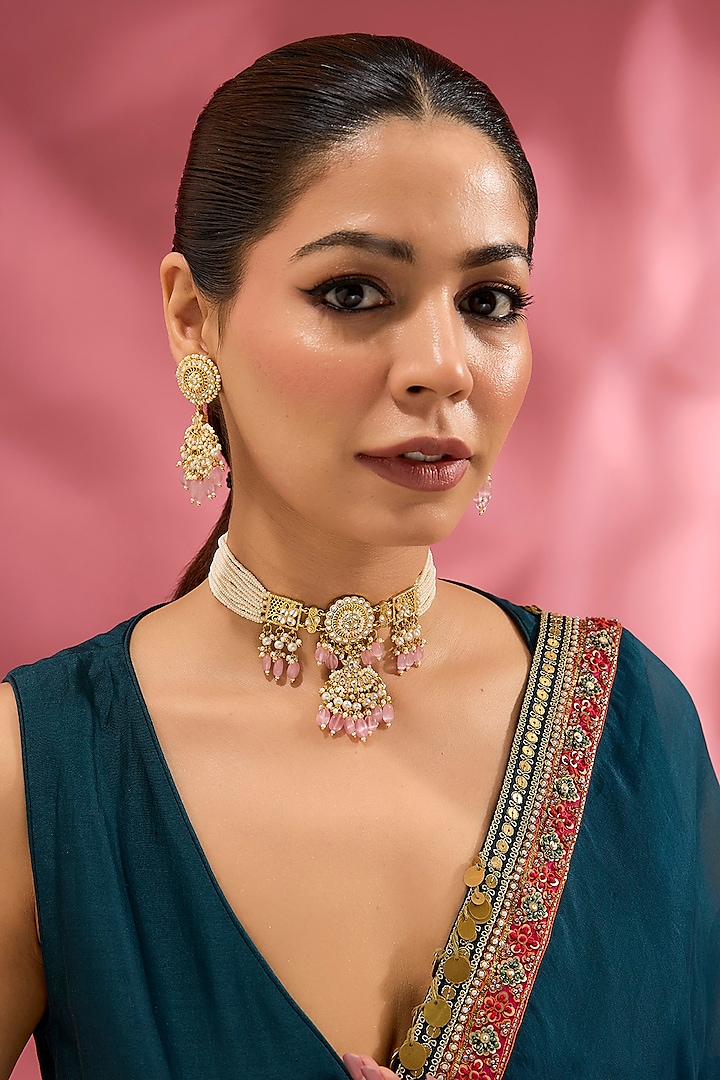 Gold Finish Kundan Polki Choker Necklace Set by Adityam Jewels at Pernia's Pop Up Shop
