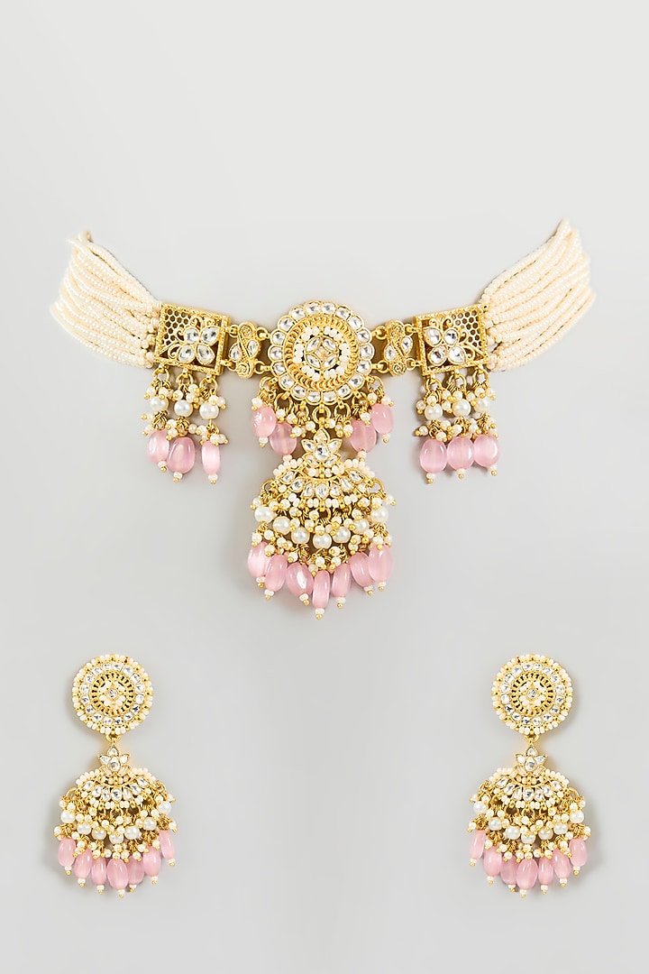 Gold Finish Kundan Polki Choker Necklace Set by Adityam Jewels at Pernia's Pop Up Shop