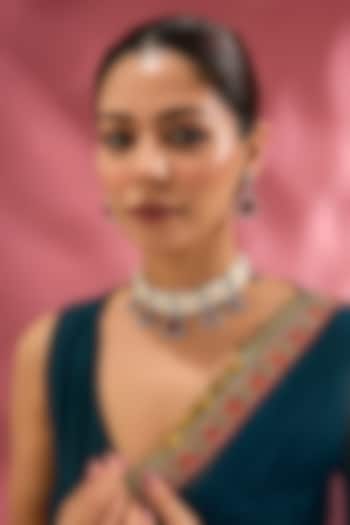 White Finish Zircon & Red Stone Necklace Set by Adityam Jewels at Pernia's Pop Up Shop