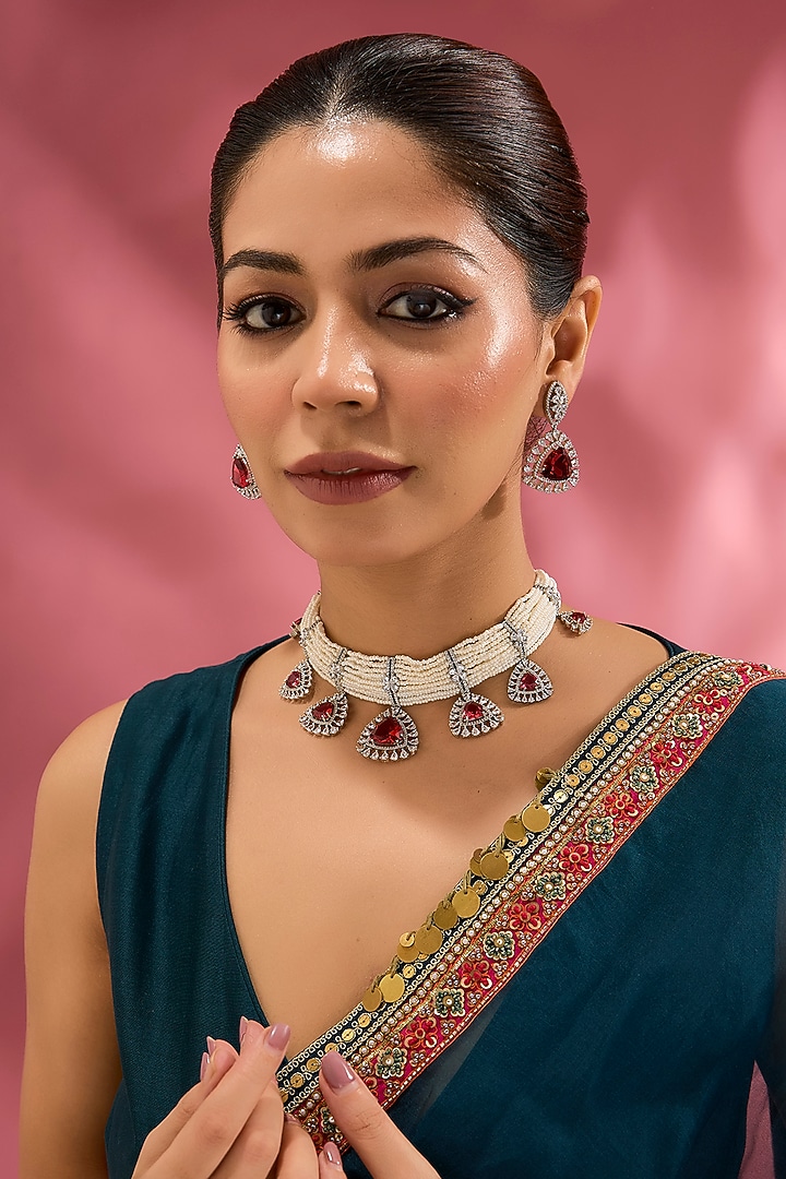 White Finish Zircon & Red Stone Necklace Set by Adityam Jewels at Pernia's Pop Up Shop