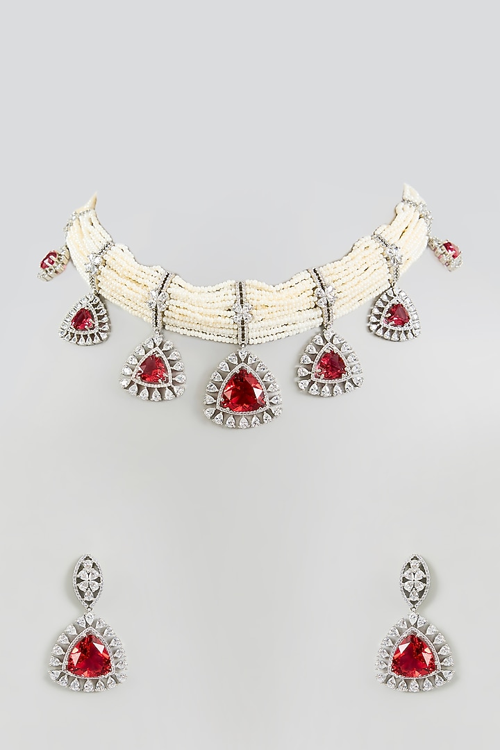 White Finish Zircon & Red Stone Necklace Set by Adityam Jewels at Pernia's Pop Up Shop