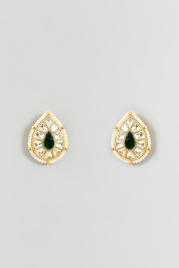 Gold Finish Kundan Polki & Blue Stone Stud Earrings by Adityam Jewels at Pernia's Pop Up Shop