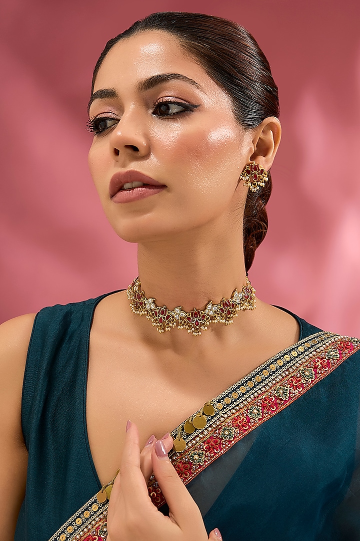 Gold Finish Red Kundan Polki Choker Necklace Set by Adityam Jewels at Pernia's Pop Up Shop