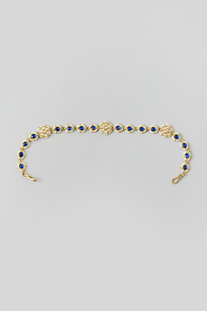 Gold Finish Blue Kundan Polki & Pearl Sheeshphool by Adityam Jewels at Pernia's Pop Up Shop