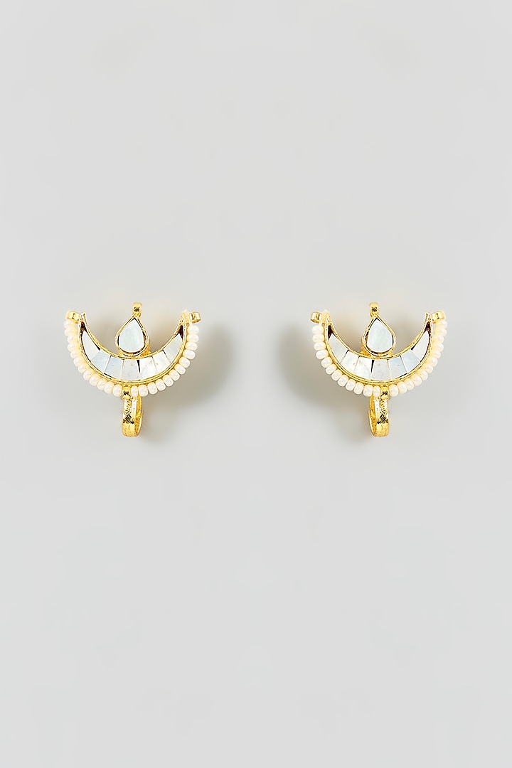 White Finish Kundan Polki & Mother Of Pearl Stud Earrings by Adityam Jewels at Pernia's Pop Up Shop