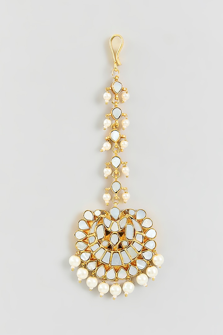 Gold Finish Kundan Polki & Mother Of Pearl Maangtikka by Adityam Jewels at Pernia's Pop Up Shop