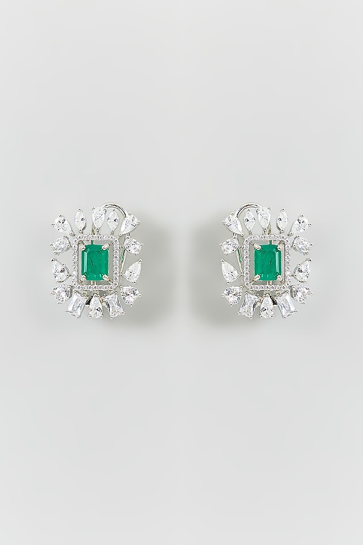 White Finish Zircon & Green Stone Stud Earrings by Adityam Jewels at Pernia's Pop Up Shop