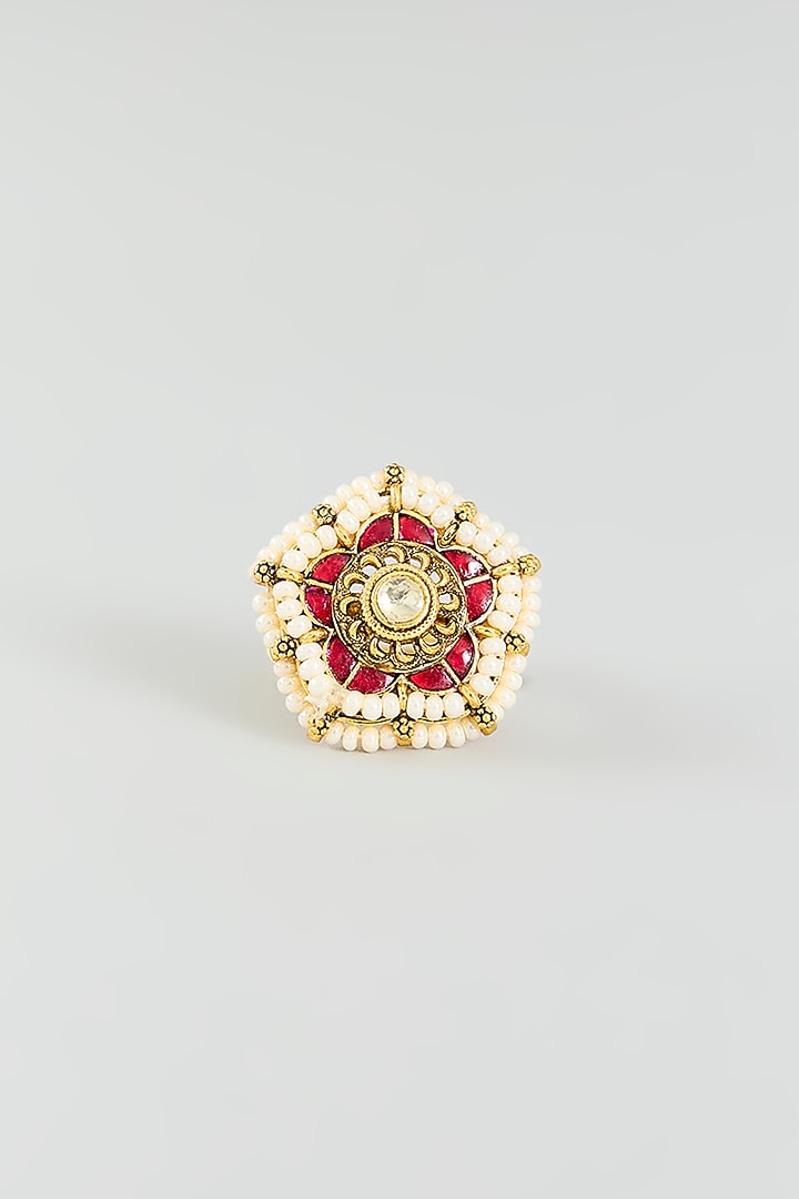 Gold Finish Red Kundan Polki Ring by Adityam Jewels at Pernia's Pop Up Shop