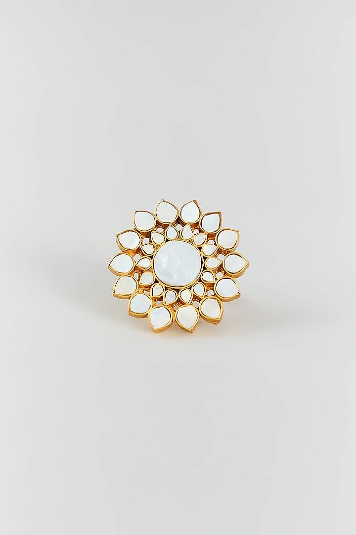 Gold Finish Mother Of Pearl & Kundan Polki Ring by Adityam Jewels at Pernia's Pop Up Shop