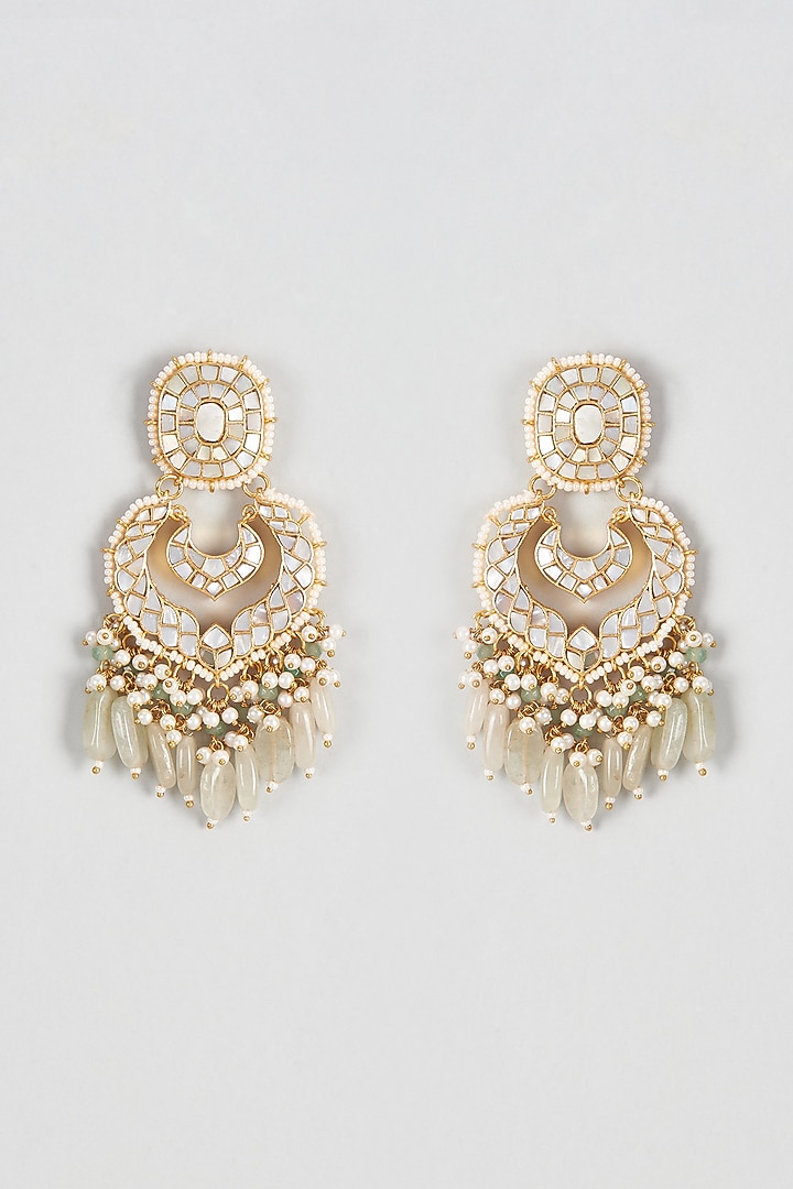 Gold Finish Kundan Polki & Mother Of Pearl Chandbali Earrings by Adityam Jewels at Pernia's Pop Up Shop