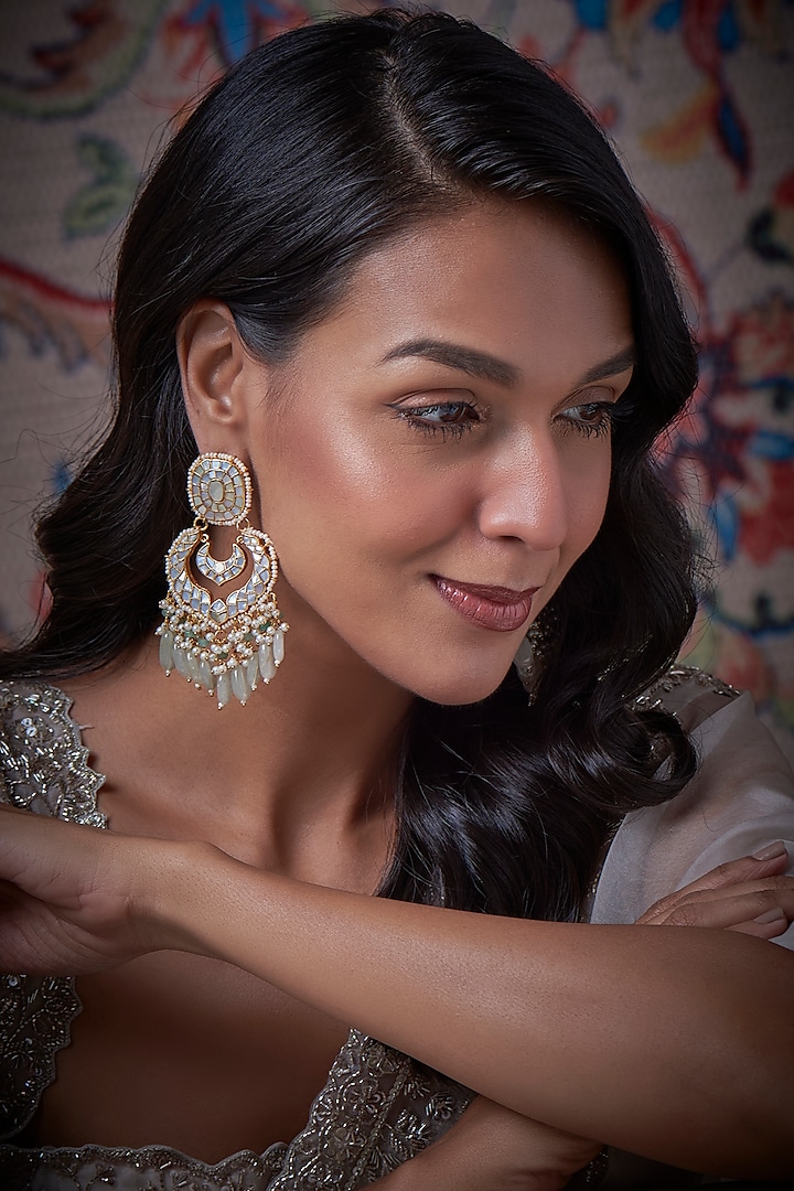 Gold Finish Kundan Polki & Mother Of Pearl Chandbali Earrings by Adityam Jewels at Pernia's Pop Up Shop
