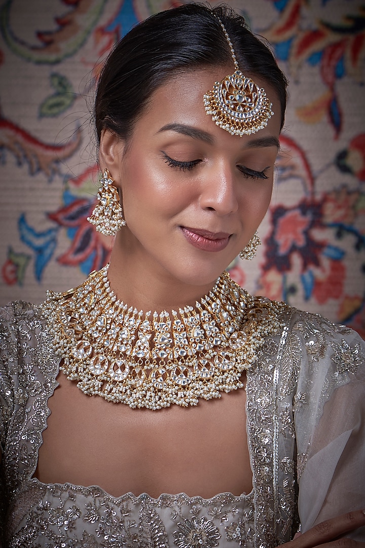 Gold Finish Kundan Polki Necklace Set by Adityam Jewels