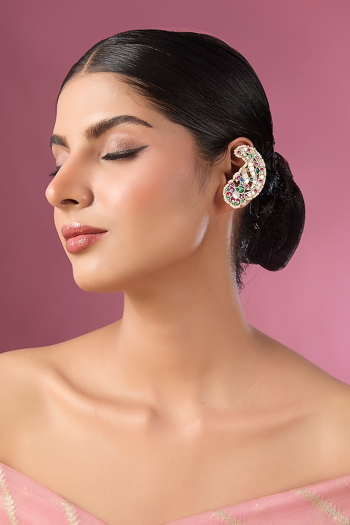 Gold Finish Kundan Polki & Multi-Colored Stone Kaanphool Earrings by Adityam Jewels at Pernia's Pop Up Shop