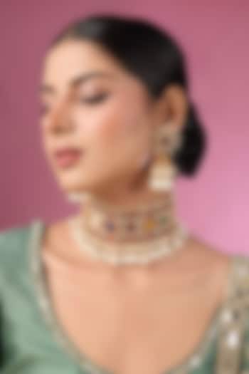 Gold Finish Kundan Polki & Navratna Stone Choker Necklace Set by Adityam Jewels at Pernia's Pop Up Shop