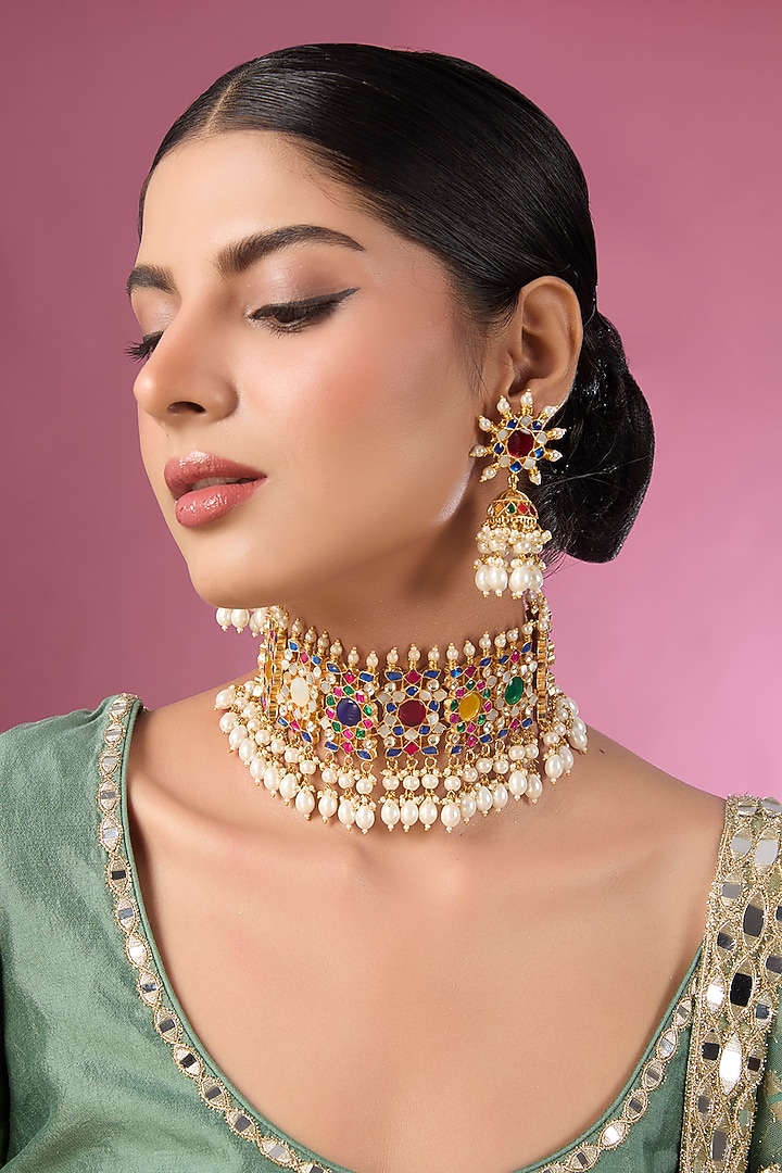 Gold Finish Kundan Polki & Navratna Stone Choker Necklace Set by Adityam Jewels at Pernia's Pop Up Shop
